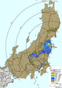 図3　東日本全域の地表面におけるセシウム134、137の沈着量の合計 （文部科学省による第4次航空機モニタリングの測定結果　平成23年12月16日）