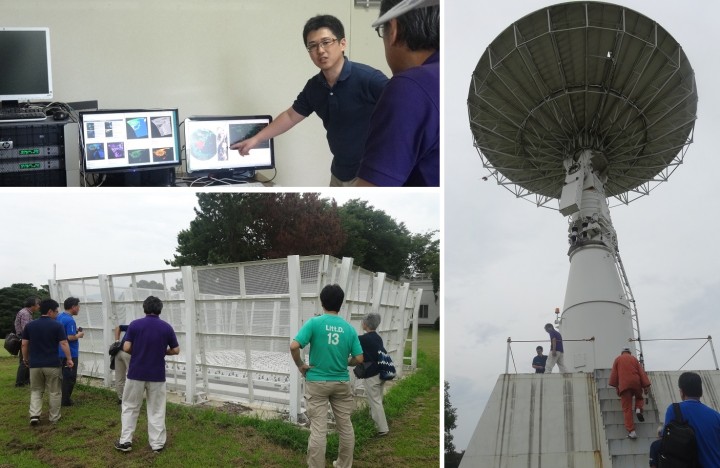 （左上）超小型衛星からの電波の解析を説明する中城智之教授　（左下）福井工業大学あわらキャンパスにあるウインドプロファイラレーダ　（右）直径10ｍのパラボラアンテナで人工衛星のデータをキャッチ