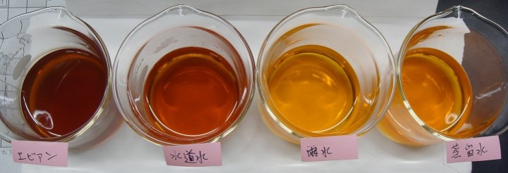 写真５　雨水紅茶とその他の比較。（右から順に）蒸留水、雨水、水道水、エビアン