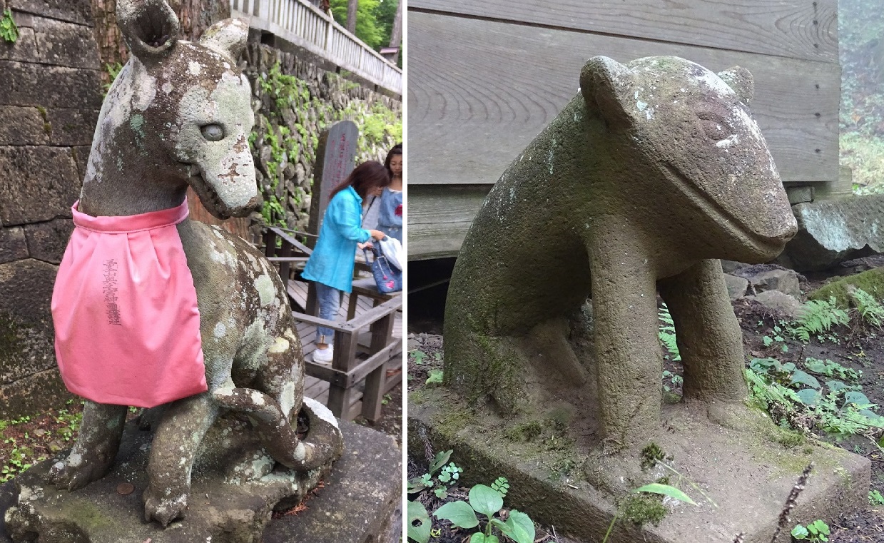 写真3　左は三峯神社のオオカミ（小谷久美さん提供）、右は大岳神社のオオカミ。「お犬様」と呼ばれ、親しみのある顔をしている。