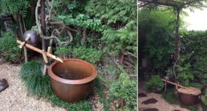 写真2　和を演出（左）竹筒から水鉢に雨水が流れ込む。（右）鉢の上部に藤棚で日影を作る。
