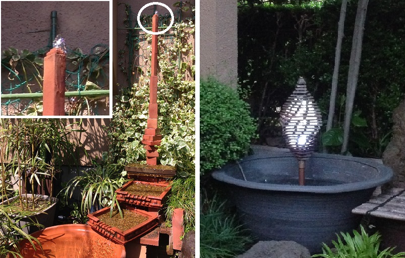 写真4　噴水が楽しめる作品。（左）上から噴き出すブジェ。（右）内部の照明で流れる雨水が光る。