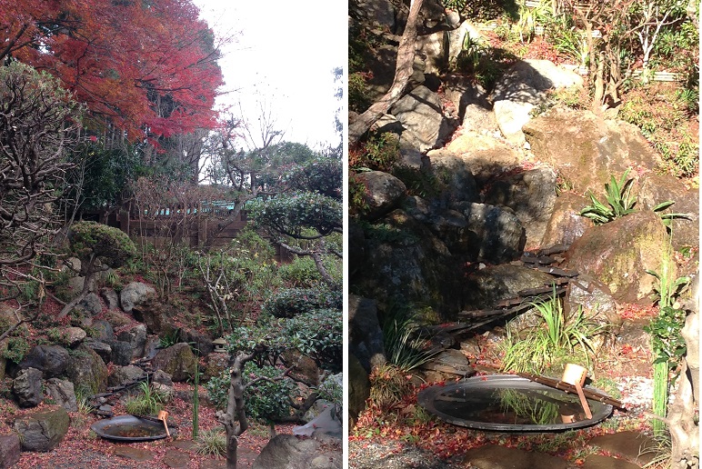 写真6　改修が終わった「雨水庭園」（左）渓谷風の全景。（右）水鉢と水路。