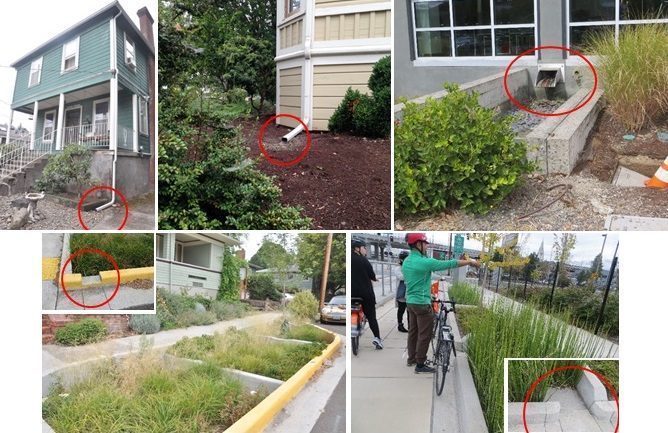 アルバムⅠ　ポートランドのグリーンインフラ　（上）：一般住宅の雨樋の非接続。（下）：緑の道●●赤丸の部分の解説●●