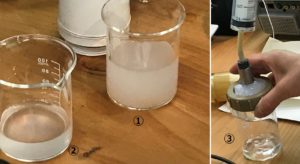 実験1：コロイド状の水溶液（カオリン）①をろ過してみる。コーヒーフィルターは素通り。理科実験で使うフィルターは少し色が薄くなった程度（②）。MF膜はほぼ透明ととなった（③）。