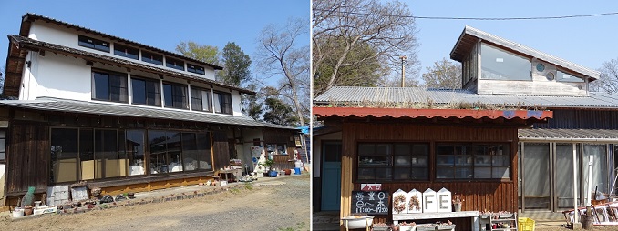 写真1（左）エコビレッジ東松山の母屋。1階の東側がカフェ”百水”。西側は畳の部屋。2階は天窓付きのホールとなっている。 　　 （右）奥の三角屋根が見える建物がホール棟。手前の茶色の建物は佐藤さんの作業場。