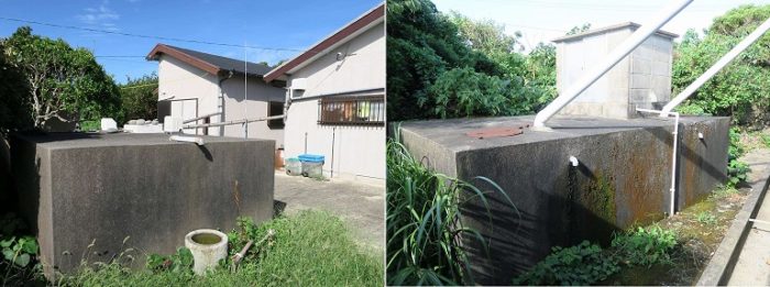 写真2 赤島島内の戸建て住宅と各戸用雨水貯留槽（右：戸建住宅、左：公民館用）