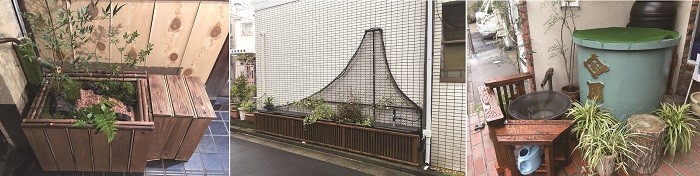 写真3 「雨のつぼ庭」　（左）うどんぜんや前の「さくら」、（中）雨水市民の会事務所向かい側の「富士」、（右）雨水市民の会事務所前の「水の音」