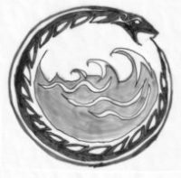 永遠の循環の徴、尾を噛む蛇（ウロボロス）。蛇は洋の東西を問わず、水の神の筆頭。